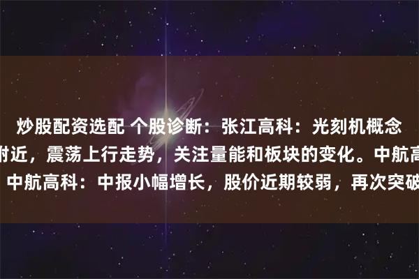 炒股配资选配 个股诊断：张江高科：光刻机概念，股价上涨至历史高点附近，震荡上行走势，关注量能和板块的变化。中航高科：中报小幅增长，股价近期较弱，再次突破前高有难度（刘欣）